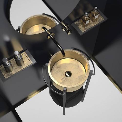 Floor Standing Black Vanity Unit with Gold Wash Basin Tondo Plus Glass Design