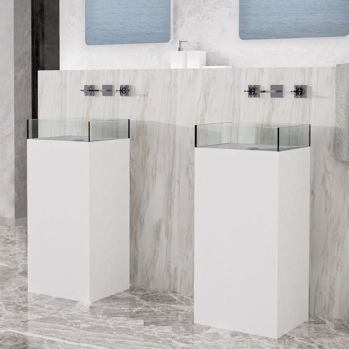 modern pedestal sink free standing rectangular Skyline Evolution White Clear Glass Design