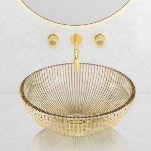 Ιταλικος νιπτηρας μπανιου επικαθημενος στρογγυλος χρυσος Volta Gold - Clear Glass Design