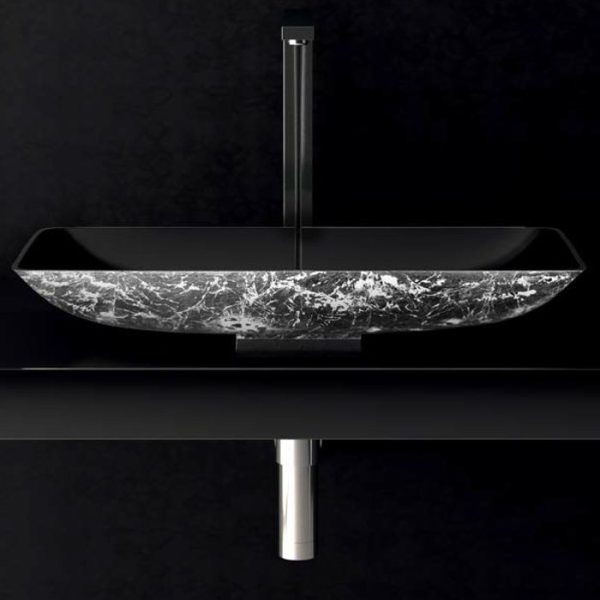 Παραλληλογραμμος νιπτηρας για παγκο ιταλικος μοντερνος Glass Design Nek Lux Black Silver Leaf