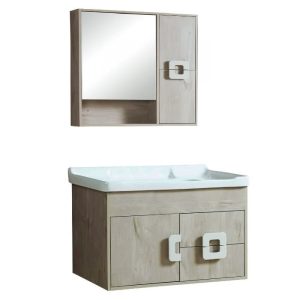PVC Wall Hung 2 Drawer & 1 Door Vanity Unit with Wash Basin & Mirror 81x48 Hotel Beige