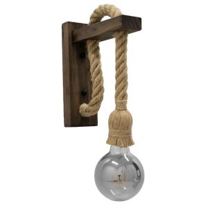 00883 FLYN Rustic 1-Light Dark Brown Wooden Wall Lamp With Beige Rope