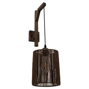 Rustic Dark Brown Wooden 1-Light Wall Lamp with Drumed Rope Shade 00887 ARTI