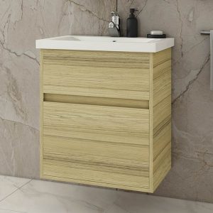 Wall Hung 2 drawer Vanity Unit with Wash Basin Drop Instinct Natural Oak 55x46