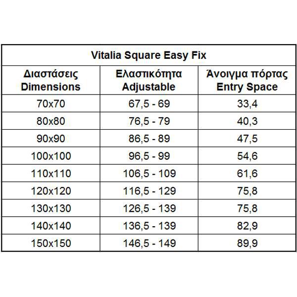 Διαστάσεις καμπίνας ντουζιέρας τετράγωνης Vitalia Easy Fix