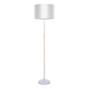 Modern 1-Light White Floor Light with Beige Wooden Detail & Drum Shaped Shade 00826 Globodecor