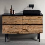Rustic Plywood Floorstanding 4 Drawer Vanity Unit with Black Corian Worktop & Mirror 130×50 Natural New