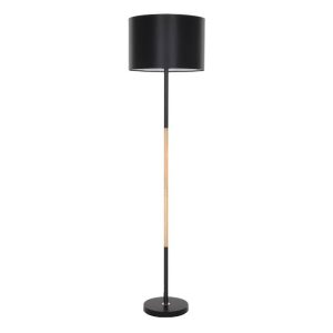 Modern Black Floor Lamp with Wooden Detail and Round Shade 00824 ASHLEY