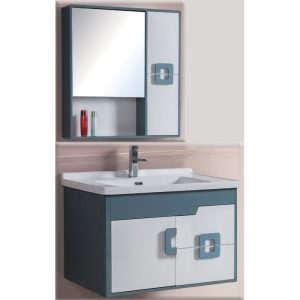 Blue White PVC Wall Hung 2 Drawer & 1 Door Vanity Unit with Wash Basin & Mirror 81x48 Hotel Raf