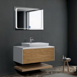 Plywood Beige Wall Hung 1 Drawer Vanity Unit with Solid Surface Worktop & Led Mirror Slim Line