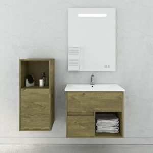 Drop Sorrento Natural MDF Wall Hung Bathroom Furniture Set with LED Lighting Mirror 65x45