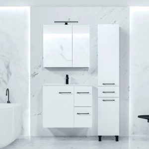Lyra New Modern White MDF Wall Hung 1 Door 2 Drawer Vanity Unit & Mirror 80x45