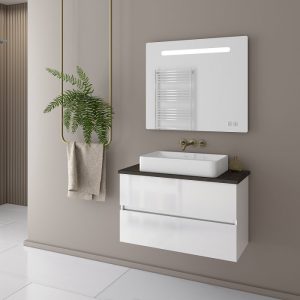 Drop Luxus White MDF Wall Hung Vanity Unit with Plywood Worktop Set 82x41