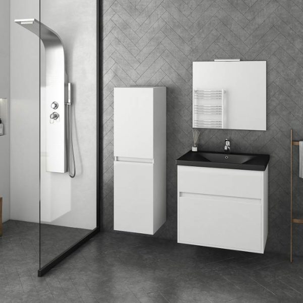Drop Instinct White MDF Wall Hung Vanity Unit with Black Wash Basin & Mirror 65x46