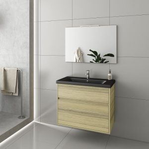 Drop Instinct Natural Oak Wall Hung Vanity Unit with Black Wash Basin Set 80x46