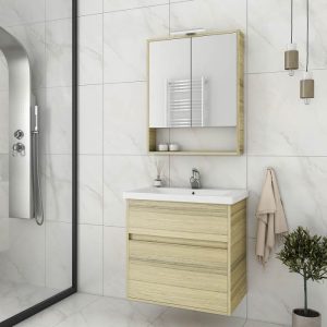 Drop Instinct Natural Oak Wall Hung Vanity Unit with Wash Basin & Mirror 65x46