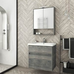 Drop Instinct Smoked Oak Wall Hung Vanity Unit with Wash Basin & Mirror 65x46
