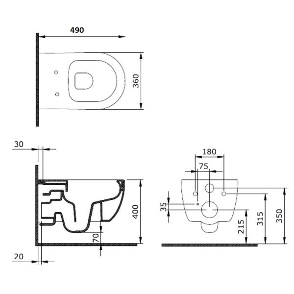 Black Matt Rimless Wall Hung Toilet with Quick Release Soft Close Slim Seat 36x49 Bocchi V-Tondo Dimensions