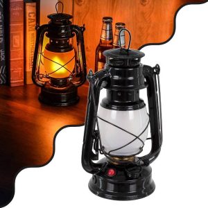 Industrial Black Rechargeable Led Lantern Table Lamp with Flame Effect 76546