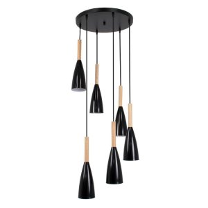 Modern Black 6-Light Pendant Ceiling Light with Beige Wood 00628 DILLON
