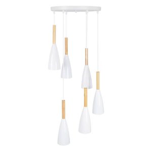 Hanging Modern White 6-Light Pendant Light with Beige Wood 00629 DILLON globostar
