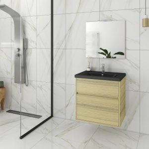 Drop Instinct Natural Oak Wall Hung Vanity Unit with Black Wash Basin Set 65x46