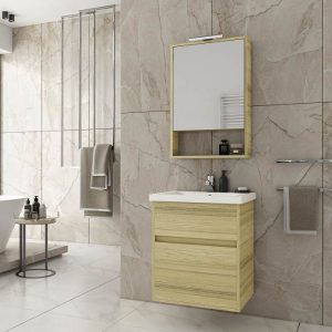Drop Instinct Natural Oak Small Wall Hung Vanity Unit with Wash Basin & Mirror 55x46