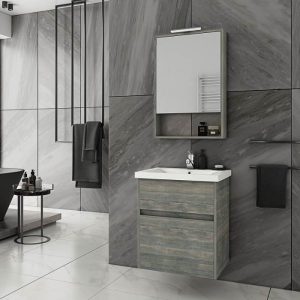 Drop Instinct Smoked Oak Small Wall Hung Vanity Unit with Wash Basin & Mirror 55x46