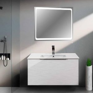 White MDF Minimal Wall Hung 1 Drawer Vanity Unit with Basin and LED Mirror 100x52 Ronta