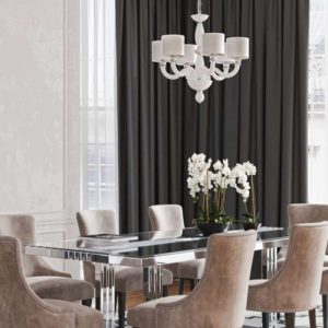 Dining Room Neoclassic 6-Light White Glass Metal Hanging Ceiling Light with Fabric Shades Newport VI