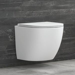 White Matt BTW Rimless Wall Hung Toilet with Soft Close Slim Seat 37x49 Karag Milos LT 046E-NRMW
