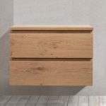 Single Natural Beige Plywood Wall Hung 2 Drawer Bathroom Furniture with Worktop 60×50