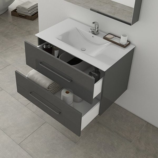 Drop Torino Antrhacite Glossy Wall hung 2 drawer vanity unit with washbasin