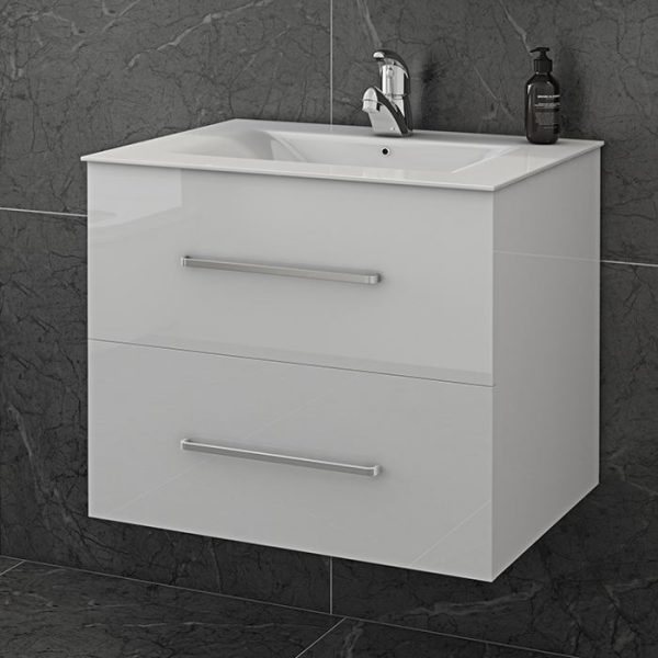 Drop Torino White Wall hung 2 drawer vanity unit with washbasin 61x46