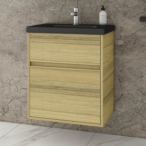 Wall Hung 2 drawer Vanity Unit with Black Matt Wash Basin Drop Instinct Natural Oak 55x46
