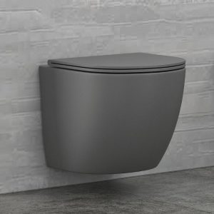 Grey Matt BTW Rimless Wall Hung Toilet with Soft Close Slim Seat 37x49 Karag Milos LT 046E-NRMDG