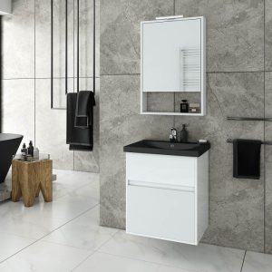 Drop Instinct White MDF Small Wall Hung Vanity Unit with Black Wash Basin & Mirror 55x46