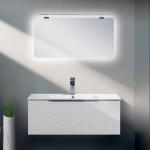 White MDF Wall Hung 1 Drawer Vanity Unit with Wash Basin & LED Mirror 100x45 Ronta New