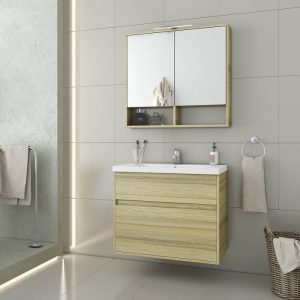 Drop Instinct Natural Oak Wall Hung Vanity Unit with Wash Basin & Mirror 80x46
