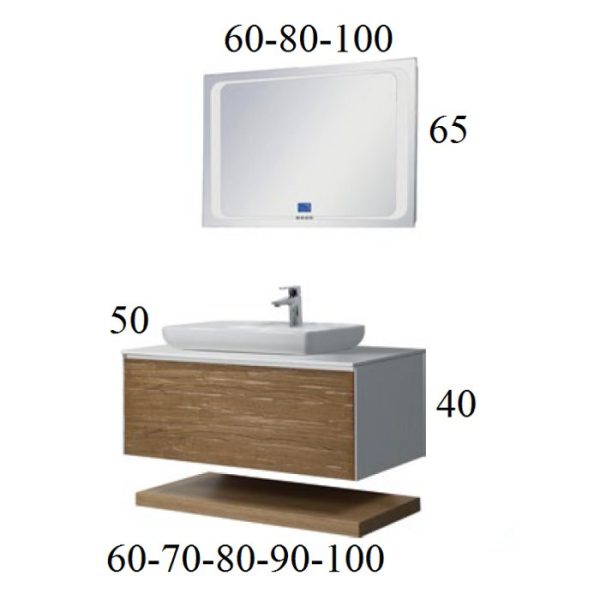 Plywood Beige Wall Hung 1 Drawer Vanity Unit with Solid Surface Worktop & Led Mirror Slim Line