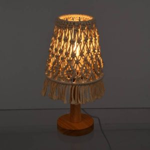 Vintage 1-Light Wooden Beige Macrame Fabric Table Lamp 36210 Rwanda