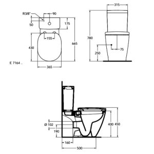 Curved Close Coupled Toilet with Soft Close Seat 36,5x66,5 Ideal Standard Connect Cube