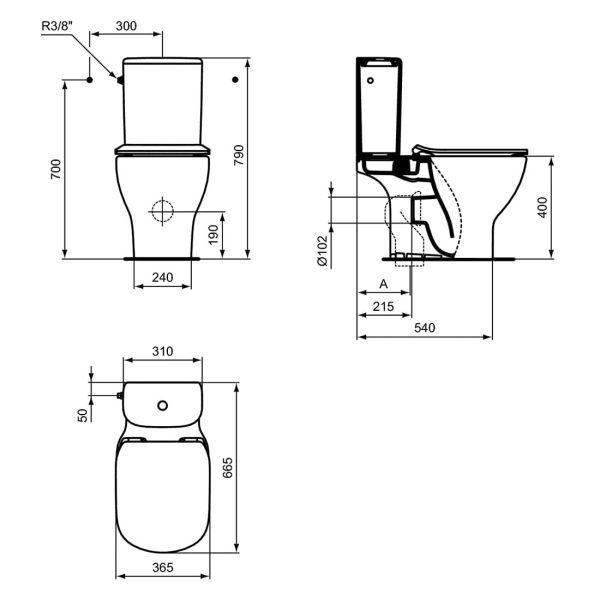 Ideal Standard Tesi Rimless Curve Close Coupled Toilet with Soft Close Seat 36,5x66,5