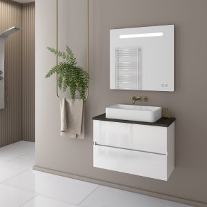 Drop Luxus White MDF Wall Hung Vanity Unit with Plywood Worktop Set 69x41