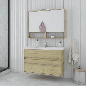 Drop Instinct Natural Oak Wall Hung Vanity Unit with Wash Basin & Mirror 101x46