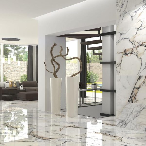 Marble Effect Floor Gres Porcelain Tile White Glossy 60x120 Paonazzo
