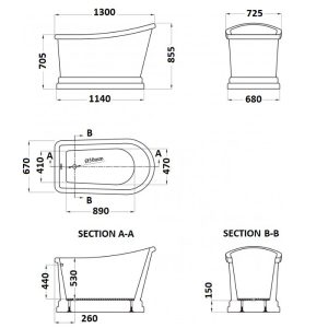 Single Ended Copper Effect Free-Standing Bath Tub 130x72,5 Flobali Dimensions