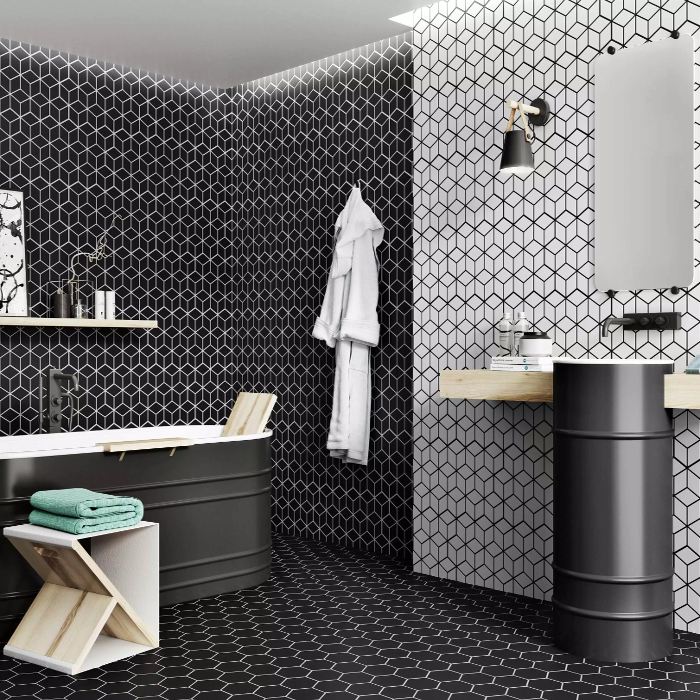 Modern Wall & Floor Porcelain Tile with Hexagon Shapes Mat 26,5×51 cm Rhombus Black Realondaερνα εξαγωνα πλακακια μπανιου μαυρα λευκα ματ 26,5χ51 Rhombus Black White Realonda