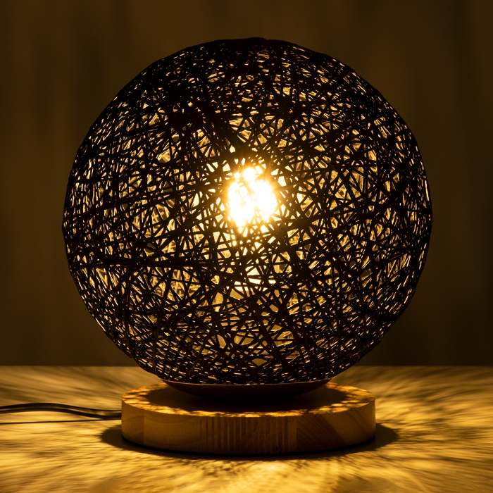 Indus 01338 Modern Globe Black Wood Rattan Table Lamp