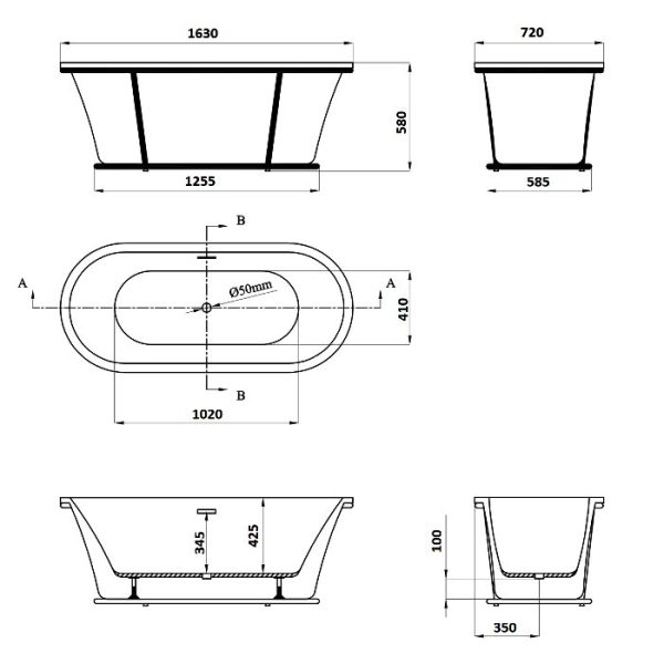 White Mat Double Ended Free Standing Bathtub with Black Metal Frame 163x72 Amsterdam Dimensions